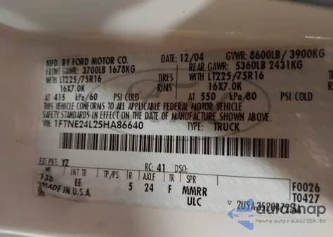 2005 Ford E-250 Commercial/Recreational из США, поврежденный, VIN 1FTNE24L25HA86640